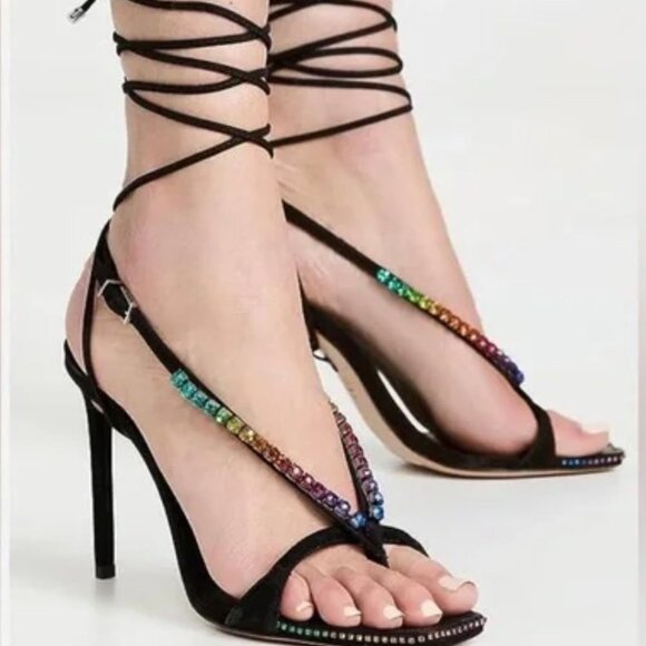 NEW Schutz Vikki Crystal Sandal Rainbow Gems Black Nubuck Straps Size 10 - Picture 1 of 15